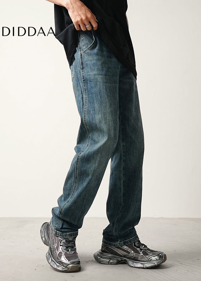 Blue Vintage Wash Stretch Loose Straight Jeans - Men’s Jeans