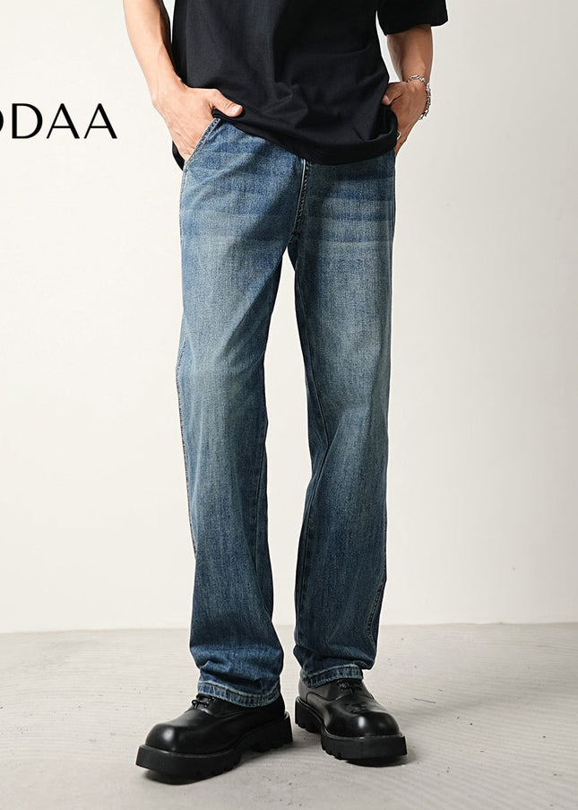 Blue Vintage Wash Stretch Loose Straight Jeans - Men’s Jeans
