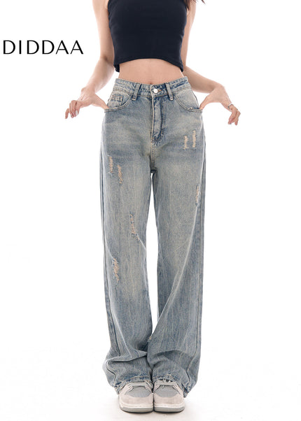 Blue Vintage Wash Wide-Leg Jeans Women’s Hole Casual Pants - Women’s Jeans