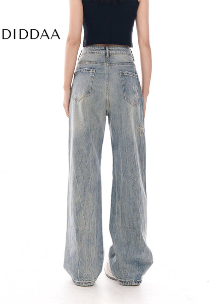 Blue Vintage Wash Wide-Leg Jeans Women’s Hole Casual Pants - Women’s Jeans