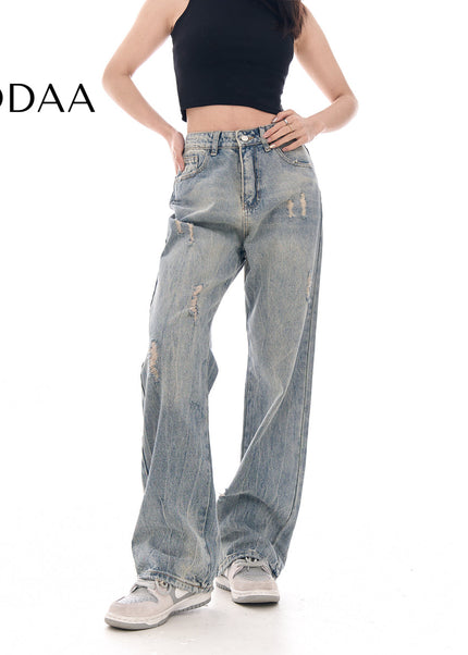 Blue Vintage Wash Wide-Leg Jeans Women’s Hole Casual Pants - Women’s Jeans
