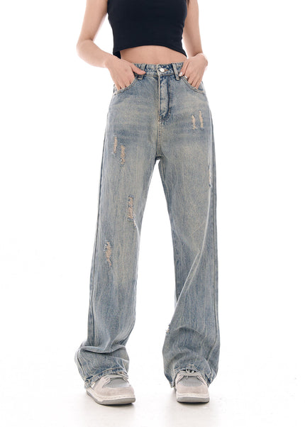 Blue Vintage Wash Wide-Leg Jeans Women’s Hole Casual Pants - Women’s Jeans