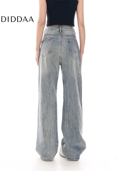 Blue Vintage Wash Wide-Leg Jeans Women’s Hole Casual Pants - Women’s Jeans