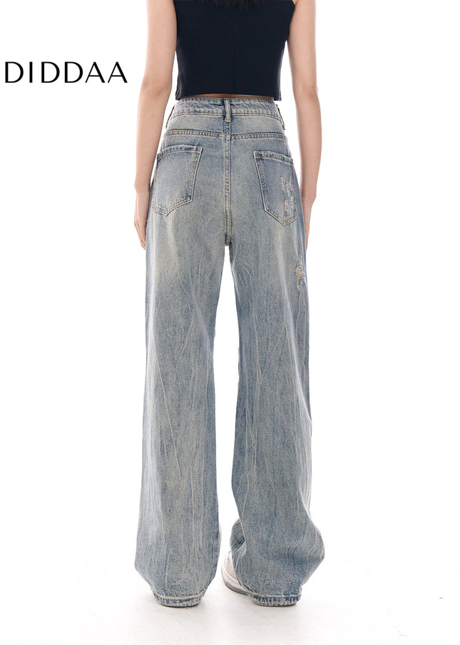 Blue Vintage Wash Wide-Leg Jeans Women’s Hole Casual Pants - Women’s Jeans