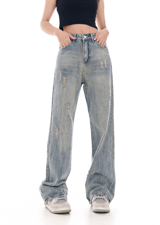 Blue Vintage Wash Wide-Leg Jeans Women’s Hole Casual Pants - Women’s Jeans