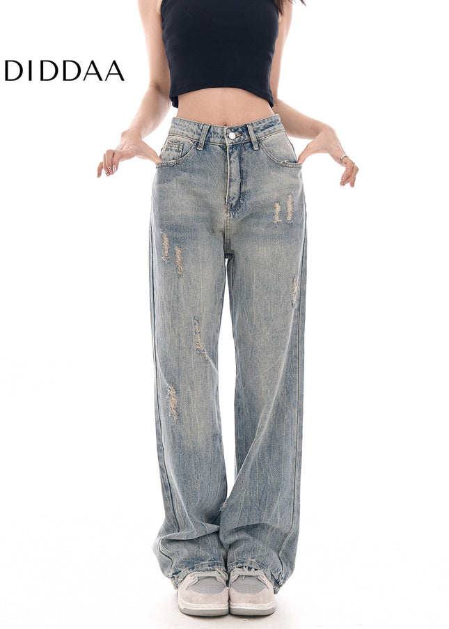 Blue Vintage Wash Wide-Leg Jeans Women’s Hole Casual Pants - Women’s Jeans