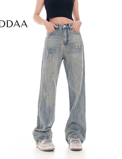 Blue Vintage Wash Wide-Leg Jeans Women’s Hole Casual Pants - XS / Light Blue - Women’s Jeans