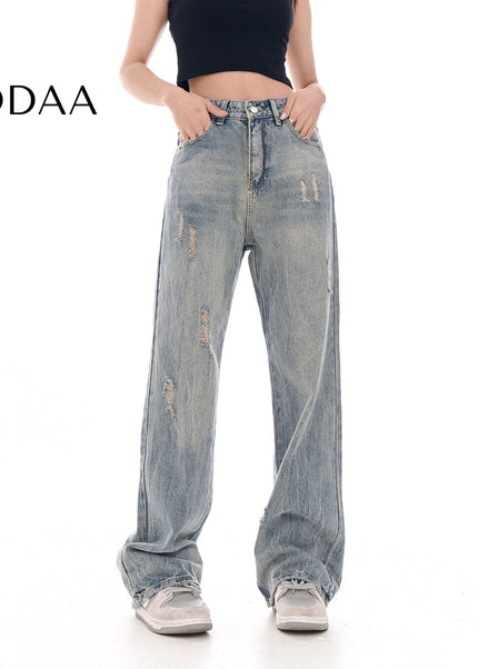 Blue Vintage Wash Wide-Leg Jeans Women’s Hole Casual Pants - XS / Light Blue - Women’s Jeans