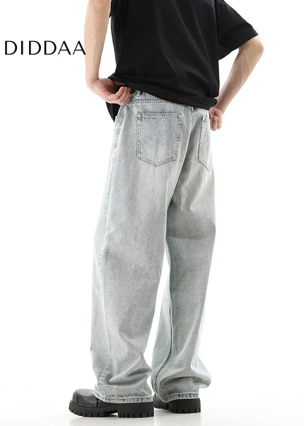 Blue Vintage Washed Distressed Straight-Leg Jeans - Men’s Jeans