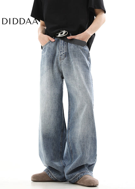 Blue Vintage Washed Distressed Wide Leg Jeans - Men’s Jeans