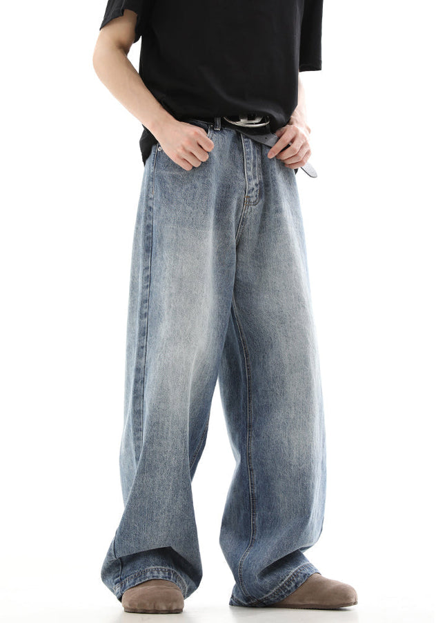 Blue Vintage Washed Distressed Wide Leg Jeans - Men’s Jeans