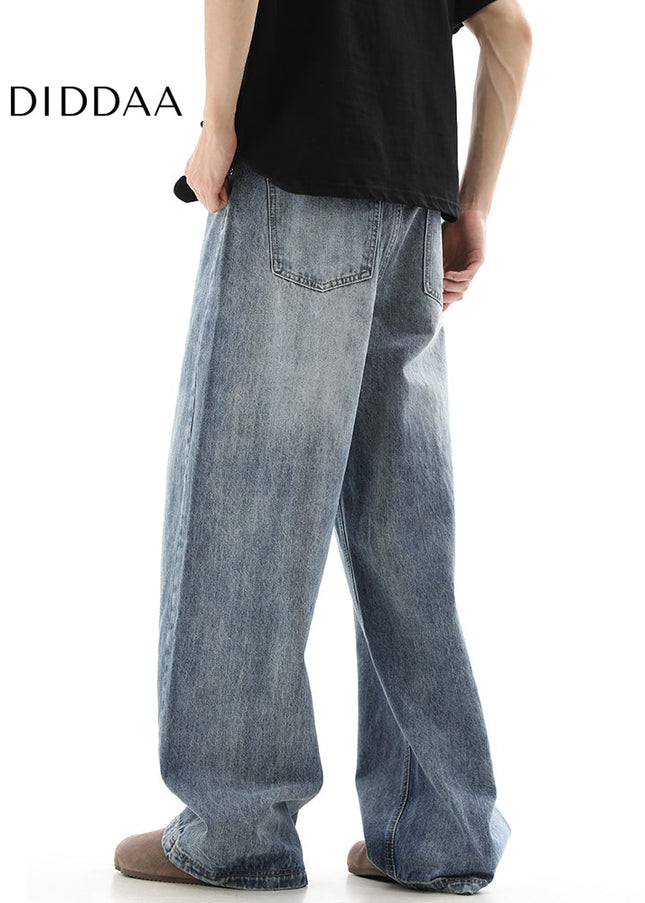 Blue Vintage Washed Distressed Wide Leg Jeans - Men’s Jeans