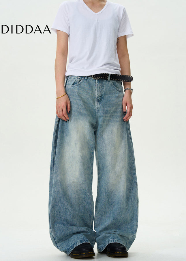 Blue Vintage Washed Loose Casual Slub Jeans - Men’s Jeans