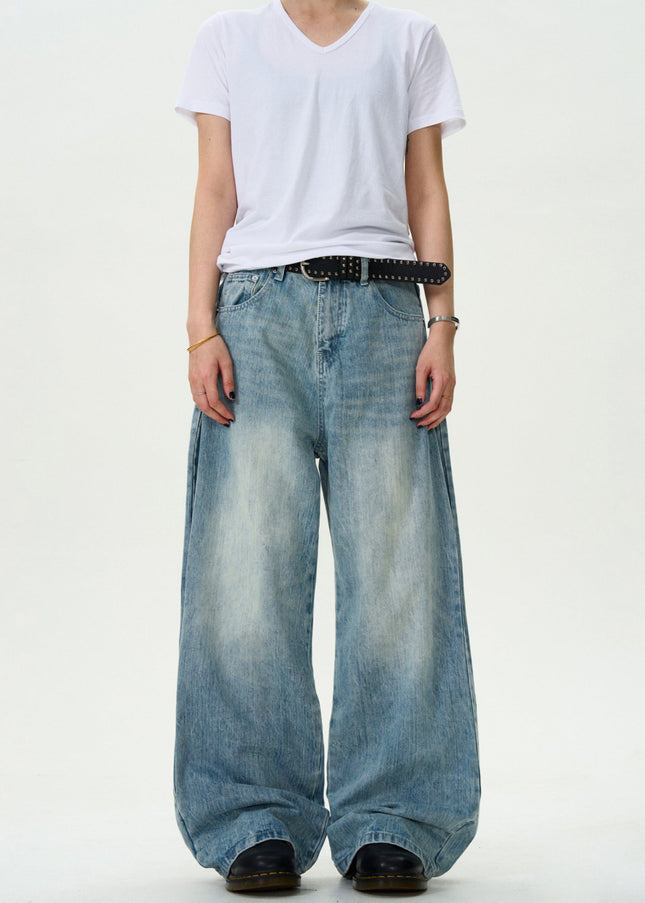 Blue Vintage Washed Loose Casual Slub Jeans - Men’s Jeans