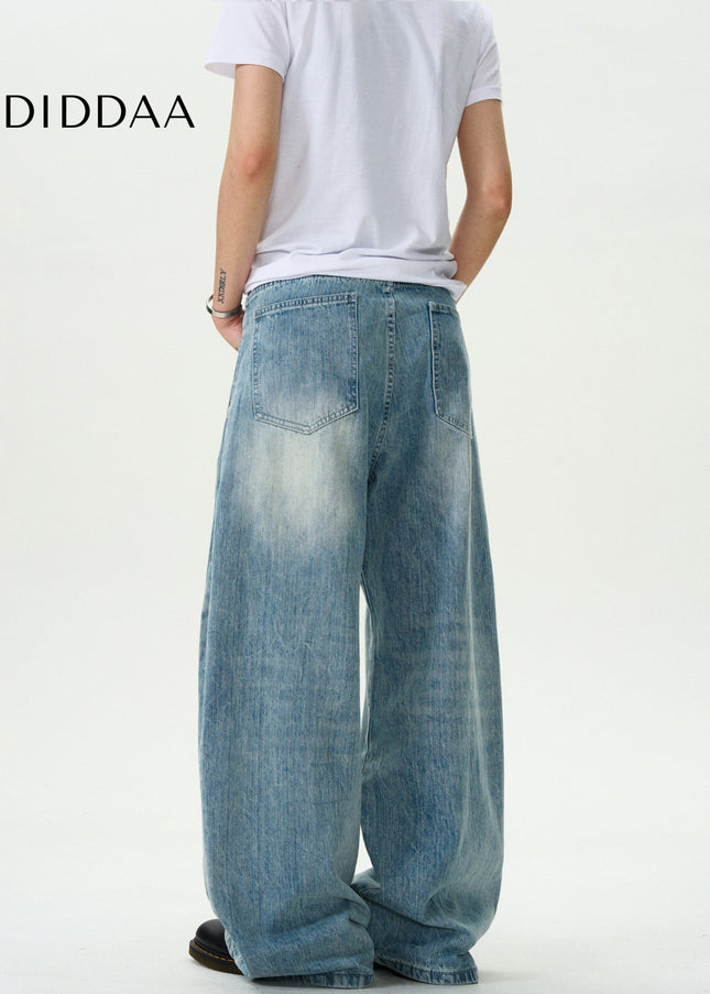 Blue Vintage Washed Loose Casual Slub Jeans - Men’s Jeans