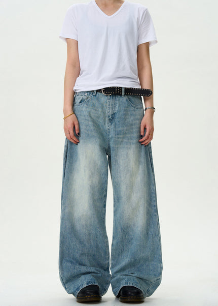 Blue Vintage Washed Loose Casual Slub Jeans - Men’s Jeans
