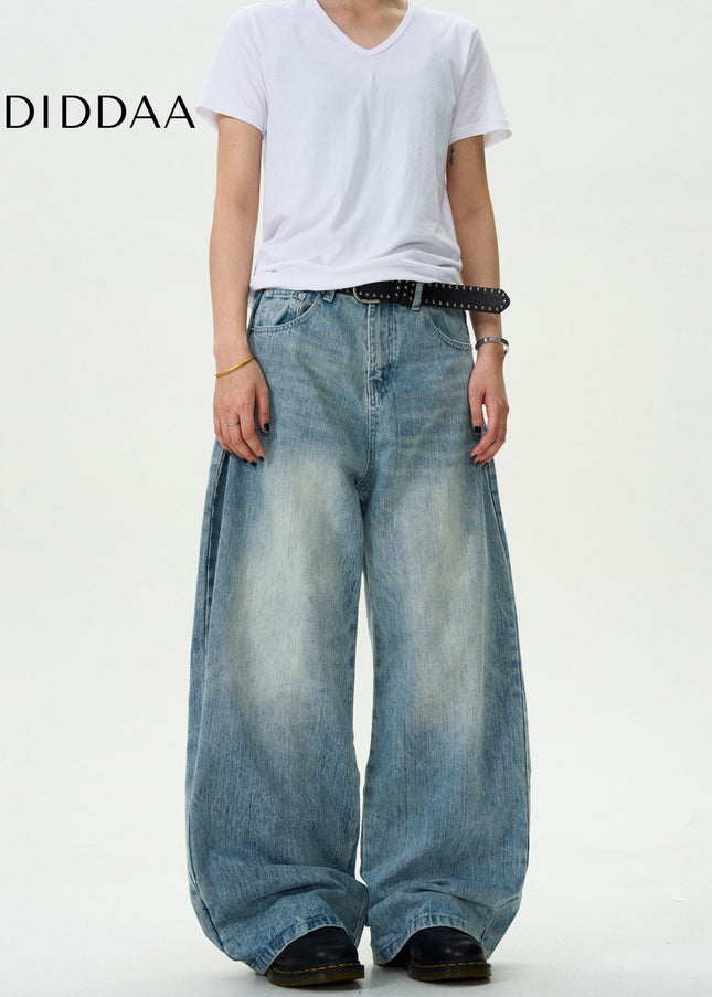 Blue Vintage Washed Loose Casual Slub Jeans - Men’s Jeans