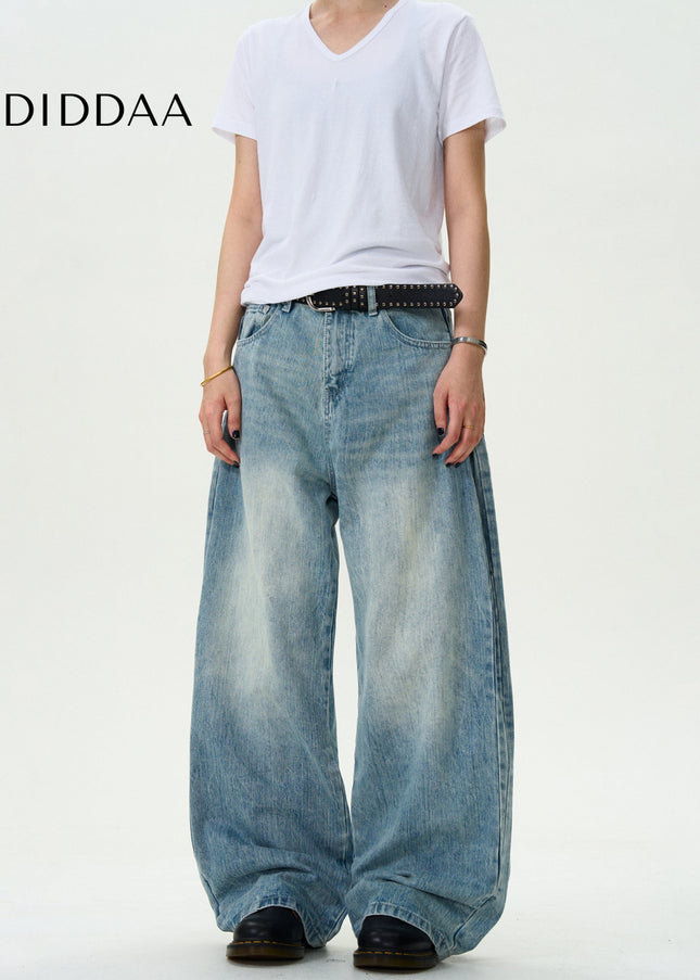 Blue Vintage Washed Loose Casual Slub Jeans - Men’s Jeans