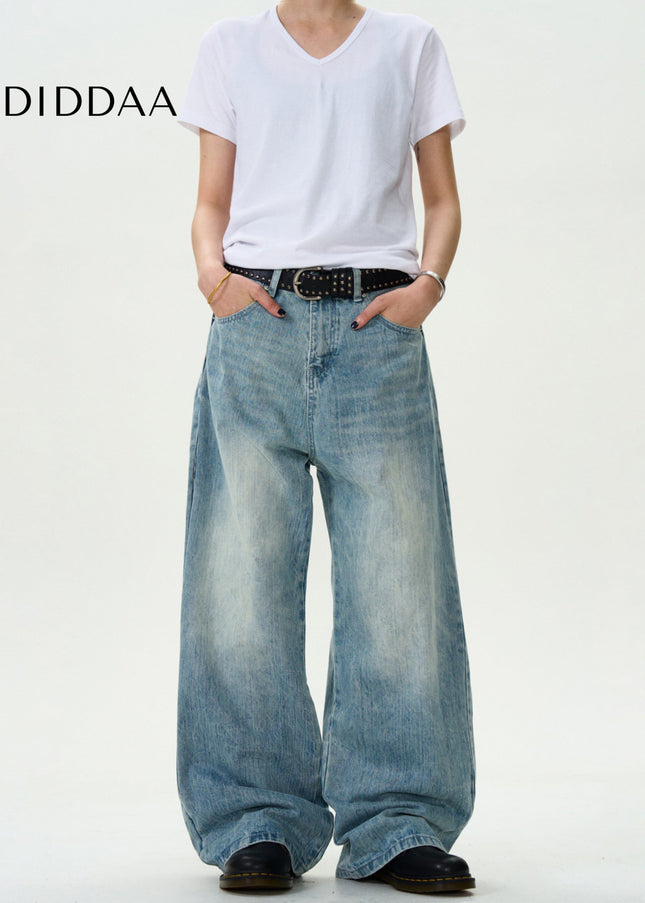 Blue Vintage Washed Loose Casual Slub Jeans - Men’s Jeans