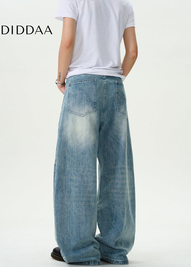 Blue Vintage Washed Loose Casual Slub Jeans - Men’s Jeans