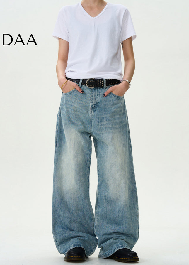 Blue Vintage Washed Loose Casual Slub Jeans - S / Mid Blue - Men’s Jeans