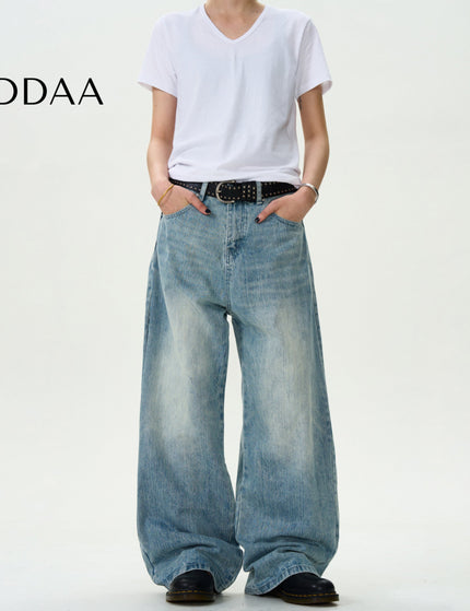 Blue Vintage Washed Loose Casual Slub Jeans - S / Mid Blue - Men’s Jeans