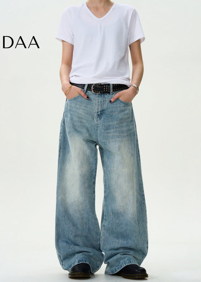 Blue Vintage Washed Loose Casual Slub Jeans - S / Mid Blue - Men’s Jeans