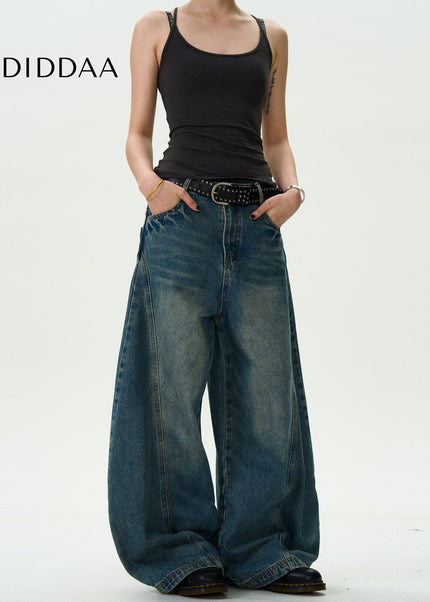 Blue Vintage Washed Loose Cropped Scimitar Jeans - Men’s Jeans