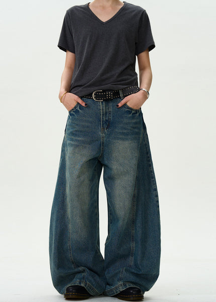 Blue Vintage Washed Loose Cropped Scimitar Jeans - Men’s Jeans