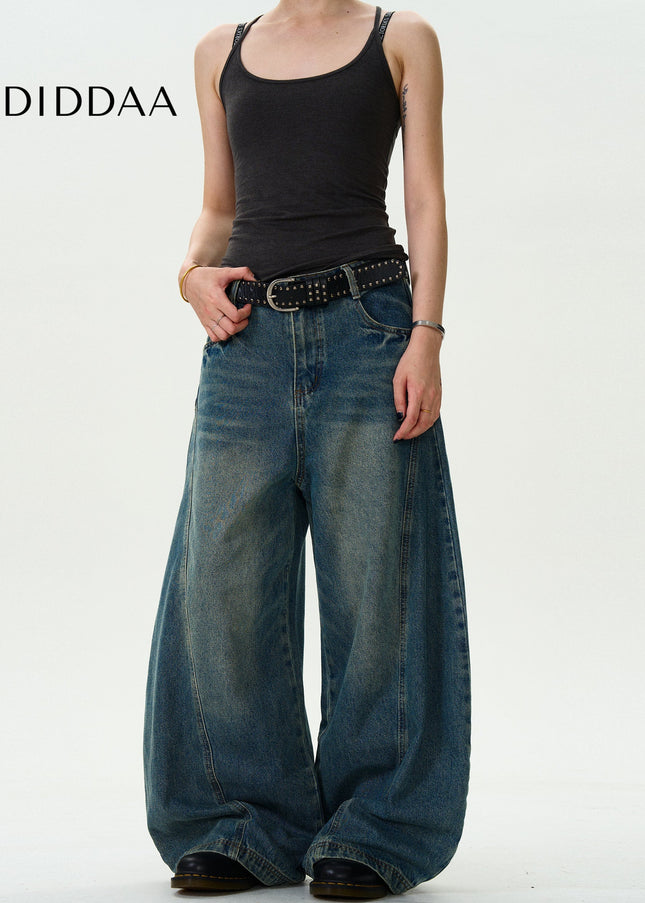 Blue Vintage Washed Loose Cropped Scimitar Jeans - Men’s Jeans