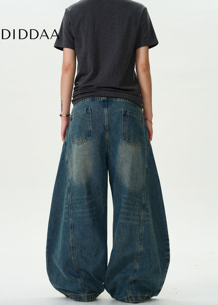 Blue Vintage Washed Loose Cropped Scimitar Jeans - Men’s Jeans