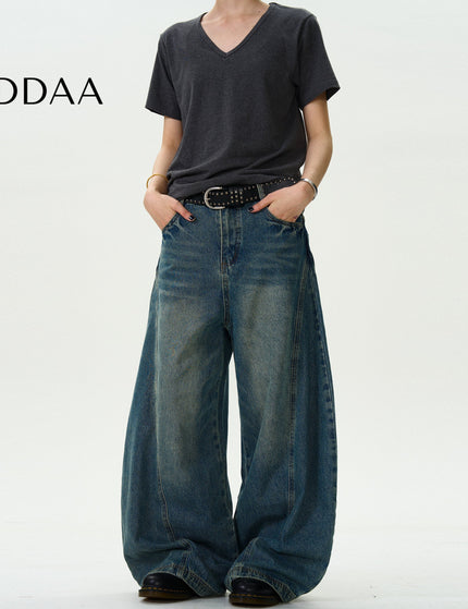 Blue Vintage Washed Loose Cropped Scimitar Jeans - S / Dark Blue - Men’s Jeans