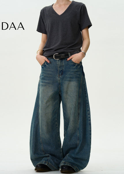 Blue Vintage Washed Loose Cropped Scimitar Jeans - S / Dark Blue - Men’s Jeans