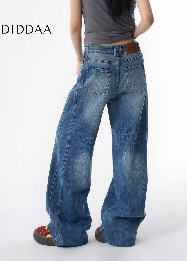 Blue Washed Deconstructed Wide-Leg Banana Pants - Women’s Jeans