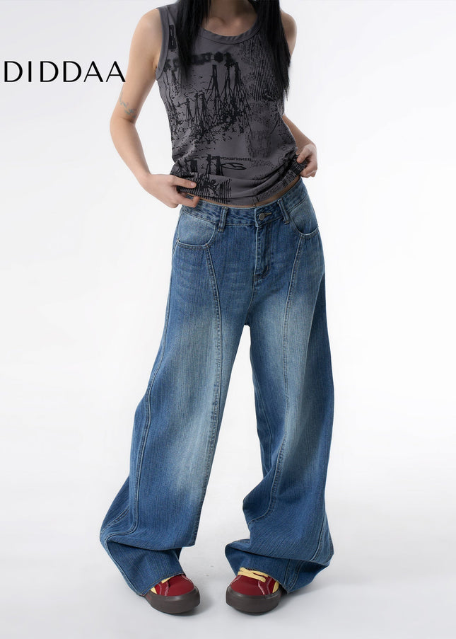 Blue Washed Deconstructed Wide-Leg Banana Pants - Women’s Jeans