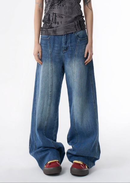 Blue Washed Deconstructed Wide-Leg Banana Pants - Women’s Jeans
