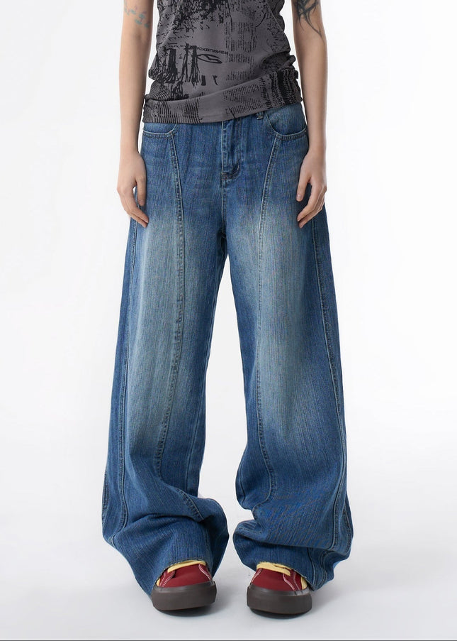 Blue Washed Deconstructed Wide-Leg Banana Pants - Women’s Jeans