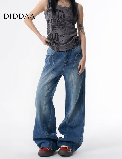 Blue Washed Deconstructed Wide-Leg Banana Pants - XS / Mid Blue - Women’s Jeans