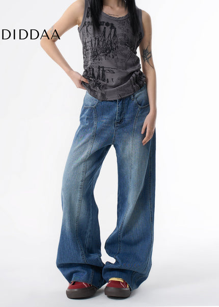 Blue Washed Deconstructed Wide-Leg Banana Pants - XS / Mid Blue - Women’s Jeans