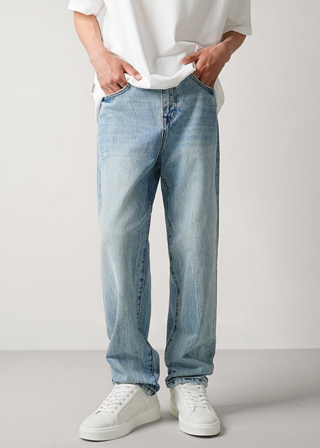 Blue Washed Vintage Loose Straight Jeans Men’s Casual Pants - Men’s Jeans
