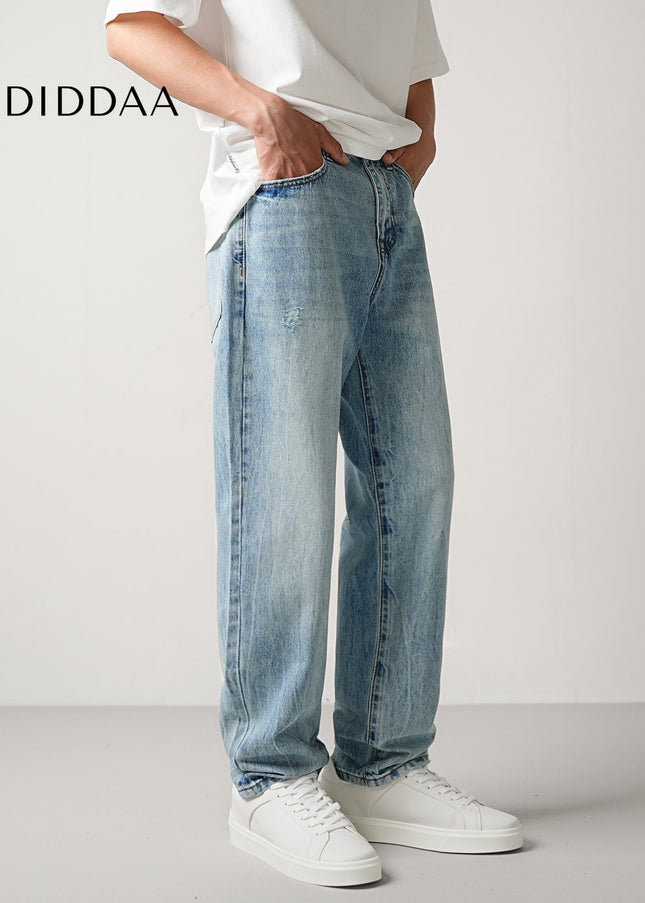 Blue Washed Vintage Loose Straight Jeans Men’s Casual Pants - Men’s Jeans