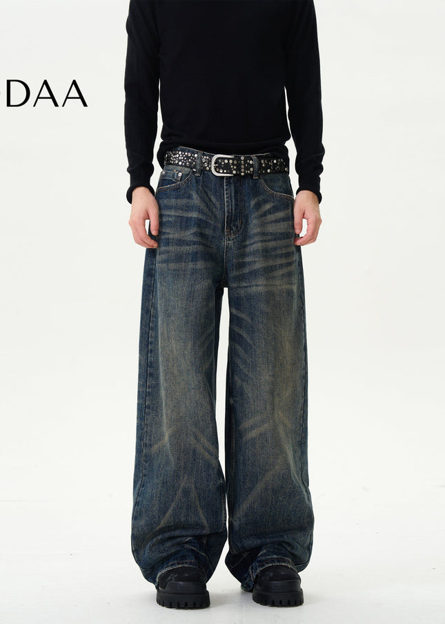 Blue Whisker Design Fried Street Jeans for Couples - S / Dark Blue - Women’s Jeans