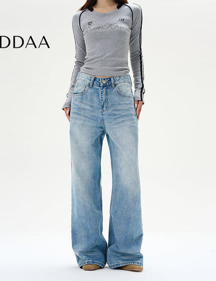 Blue Whiskered Straight-Leg Jeans for Handsome Couples - S / Mid Blue - Women’s Jeans