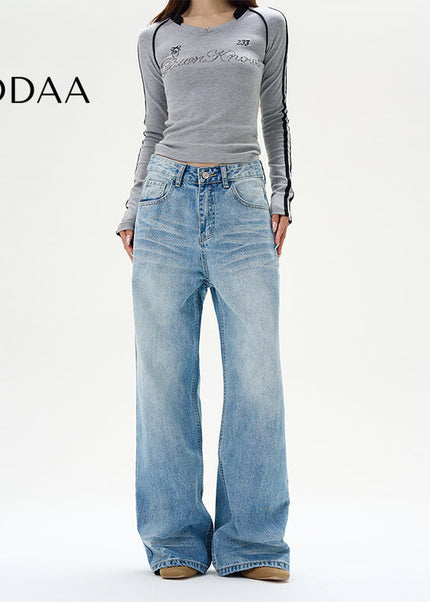 Blue Whiskered Straight-Leg Jeans for Handsome Couples - S / Mid Blue - Women’s Jeans