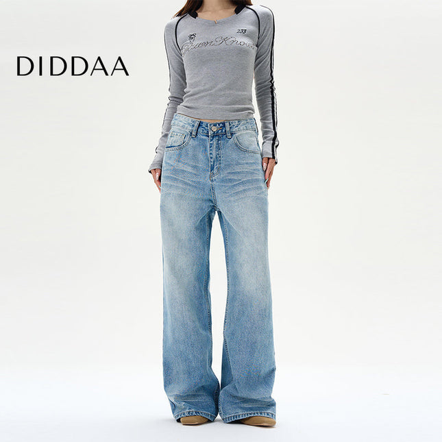 Blue Whiskered Straight-Leg Jeans for Handsome Couples - S / Mid Blue - Women’s Jeans