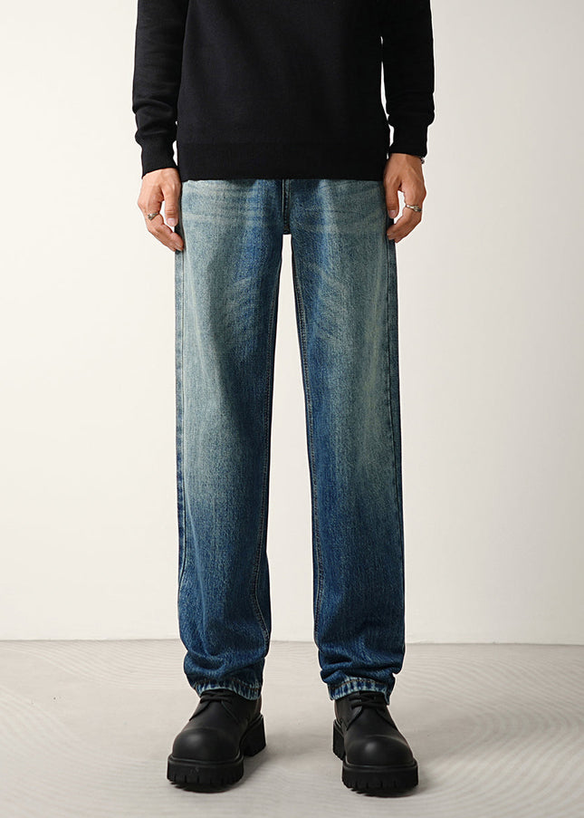 Blue Whiskering Loose Straight-Leg Jeans for Men - 28 / Mid Blue - Men’s Jeans