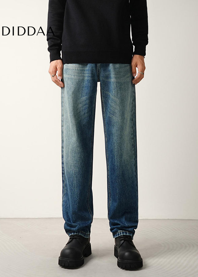 Blue Whiskering Loose Straight-Leg Jeans for Men - Men’s Jeans