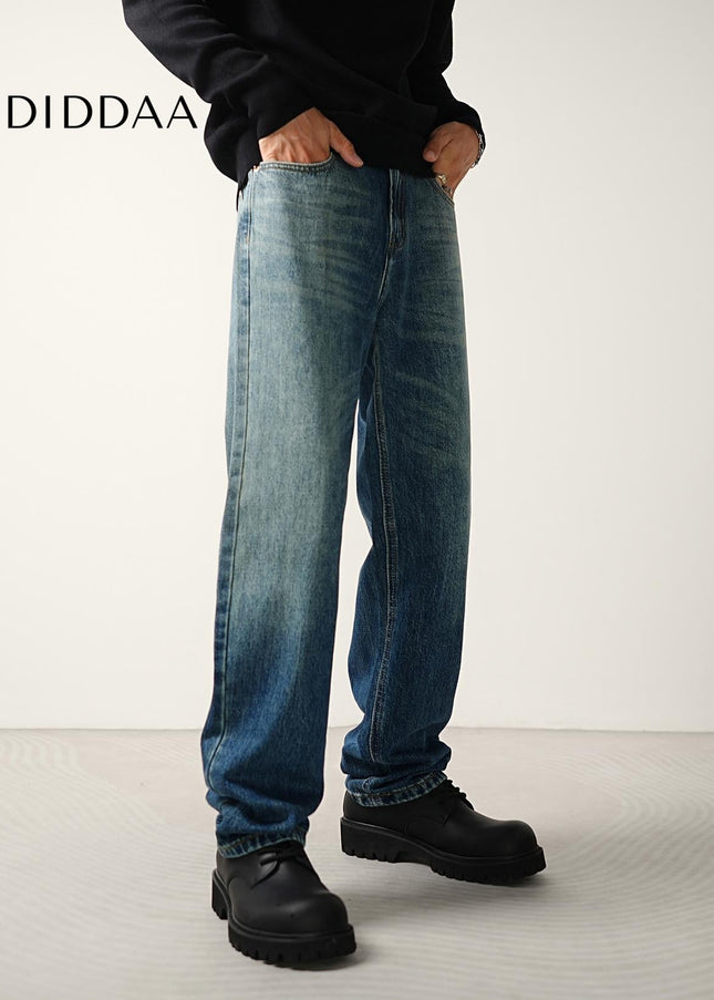 Blue Whiskering Loose Straight-Leg Jeans for Men - Men’s Jeans