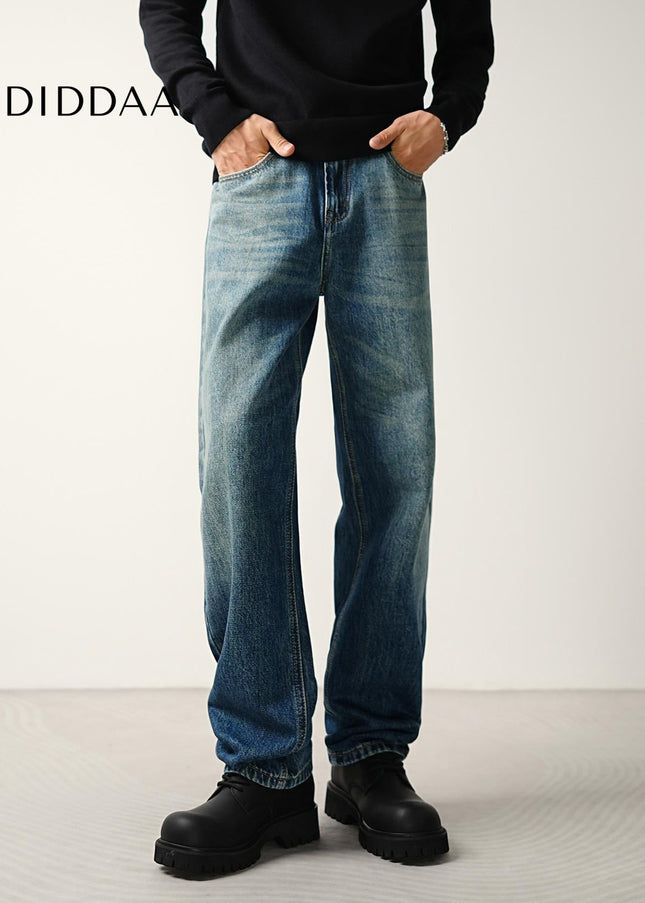 Blue Whiskering Loose Straight-Leg Jeans for Men - Men’s Jeans