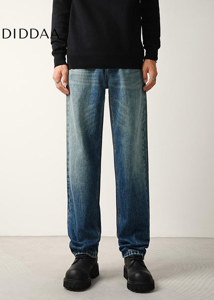 Blue Whiskering Loose Straight-Leg Jeans for Men - Men’s Jeans